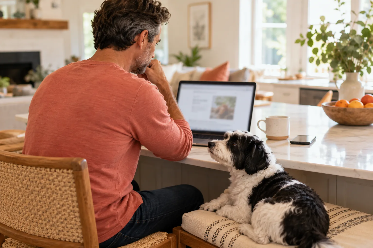 Owner working at a laptop beside a black-and-white dog at home